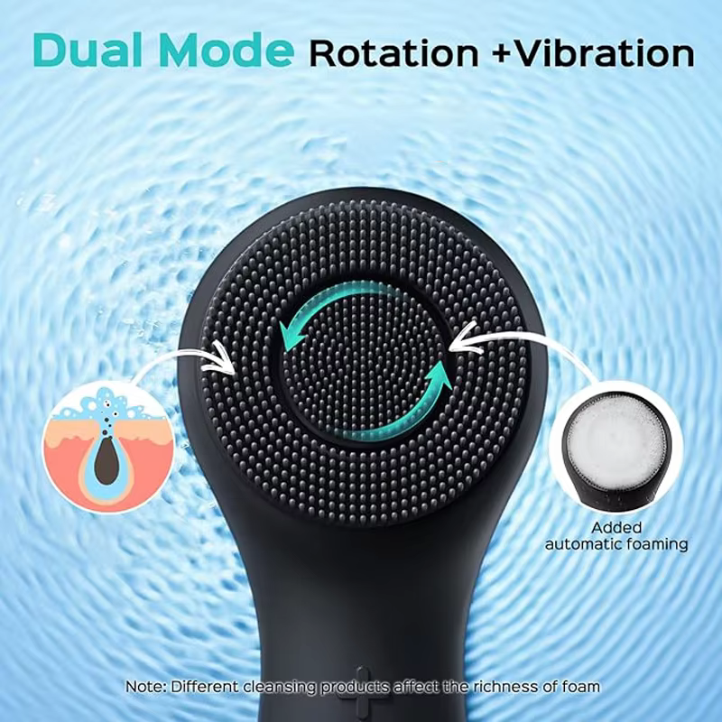 Brosse nettoyante pour le visage en silicone avec double rotation et modes de vibration