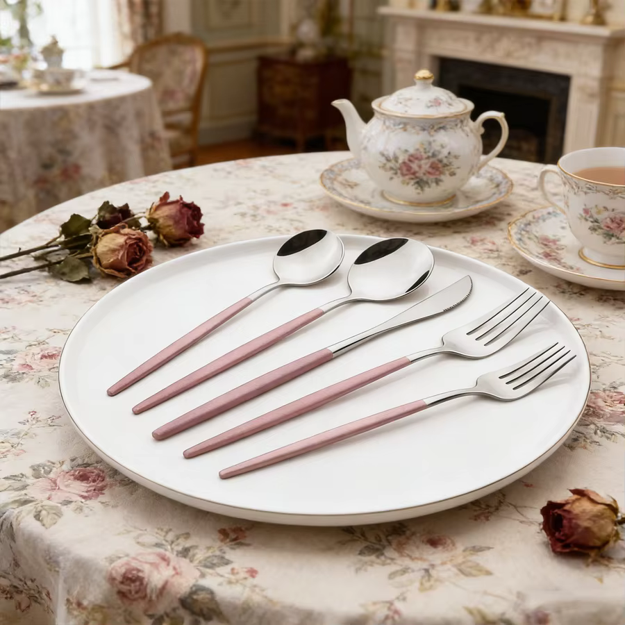 Ensemble de couverts en acier inoxydable de 16 pièces, design élégant argenté et rose, comprenant une fourchette et une cuillère, adapté pour les