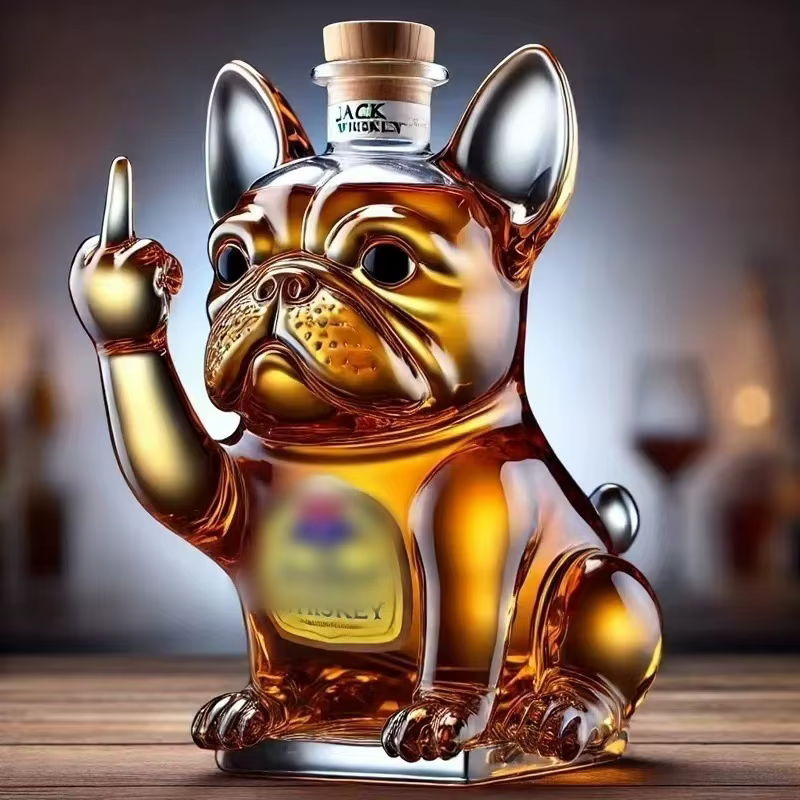 Bouledogue français en verre transparent créatif, vin rouge créatif, bouteille de vin scellée de forme irrégulière, bouteille vide de whisky et de vodka
