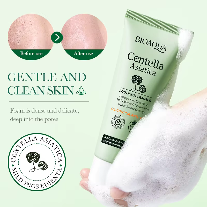 BIOAOUA Centella Asiatica Nettoyant pour le visage Mousse nettoyante quotidienne douce avec acide hyaluronique et niacinamide pour un nettoyage en profondeur des pores