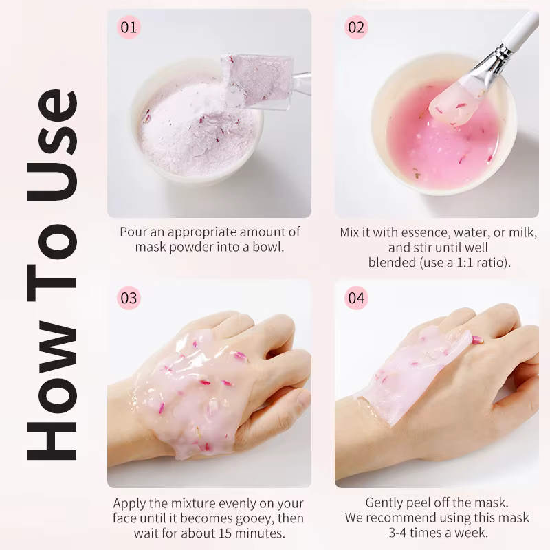 Masque facial en poudre de gelée à l'acide hyaluronique/à la rose/au collagène - Hydratant