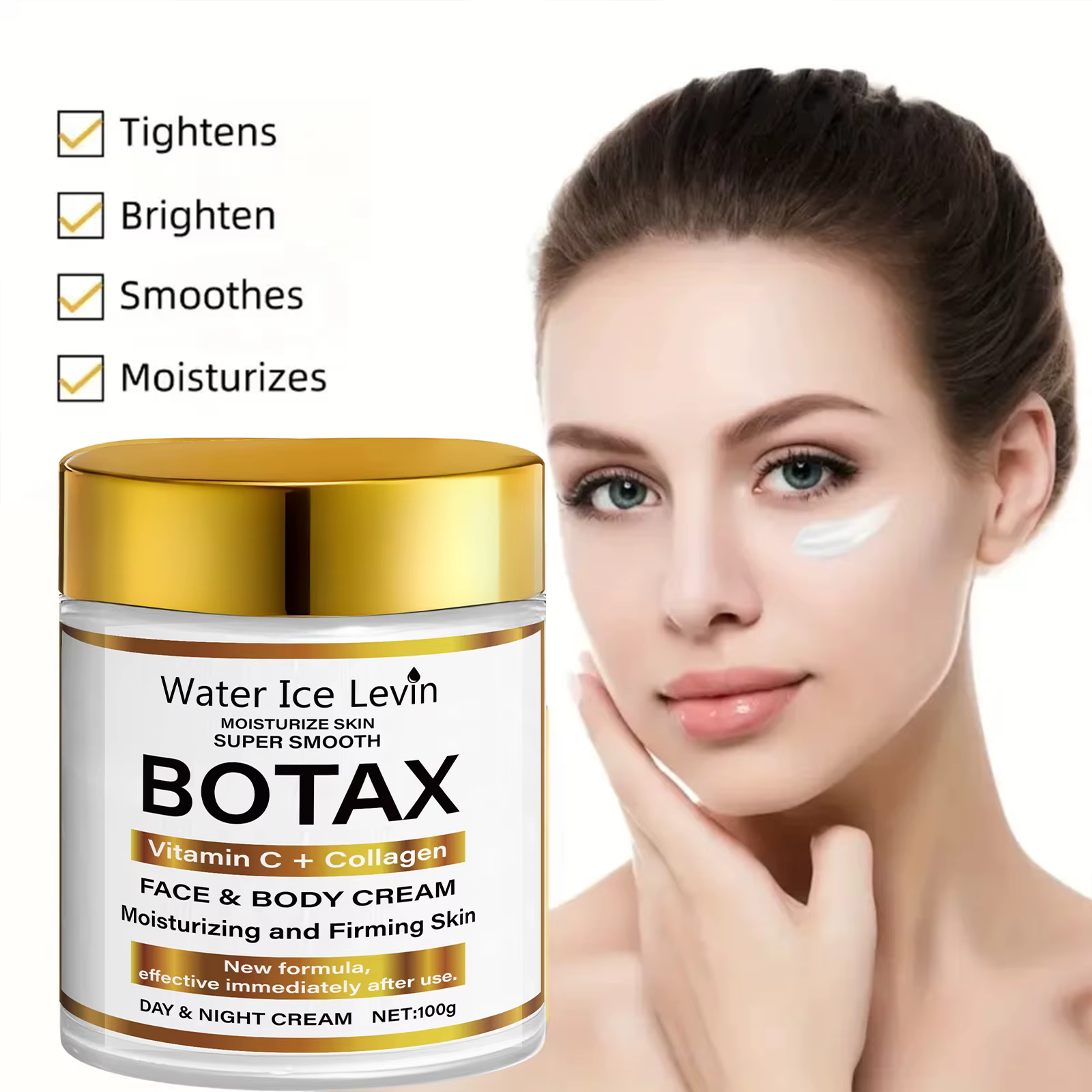 Crème Water Ice Levin BOTAX : Vitamine C + Hydratant visage et corps au collagène pour raffermir et peaux super lisses. Utilisation jour/nuit