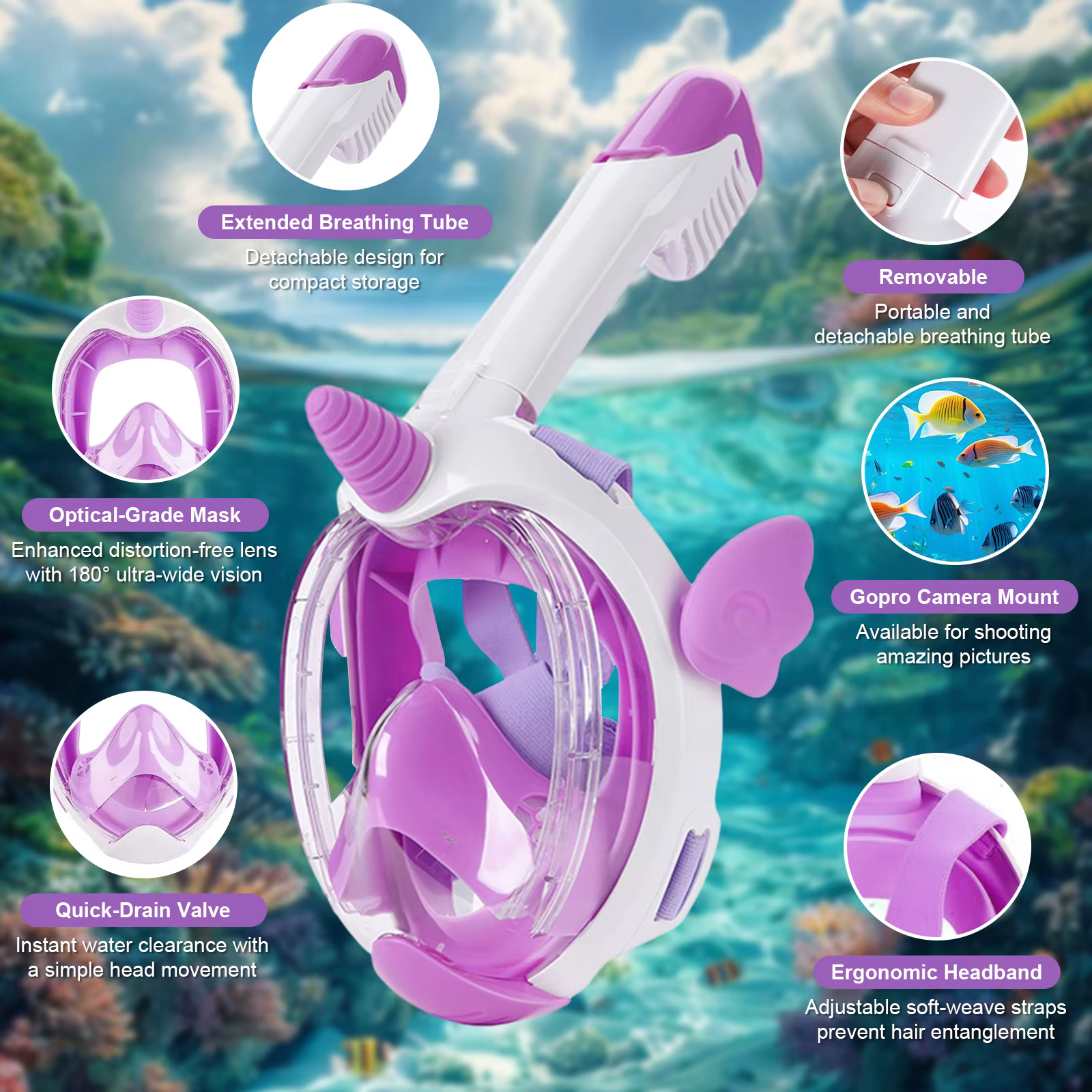 Masque de plongée intégral pour enfants Licorne, tuba unique, sûr, étanche, anti-buée, confortable à porter