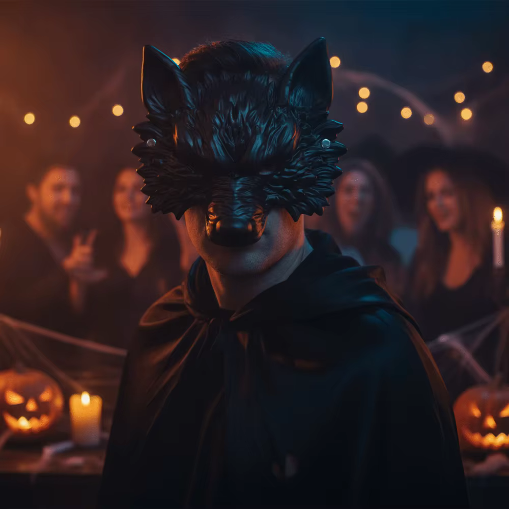 Masque de loup amusant pour cosplay d'Halloween, texture 3D en fourrure, respirant, avec trou pour les yeux, masque de costume de fête, design animal, finition noir et argent