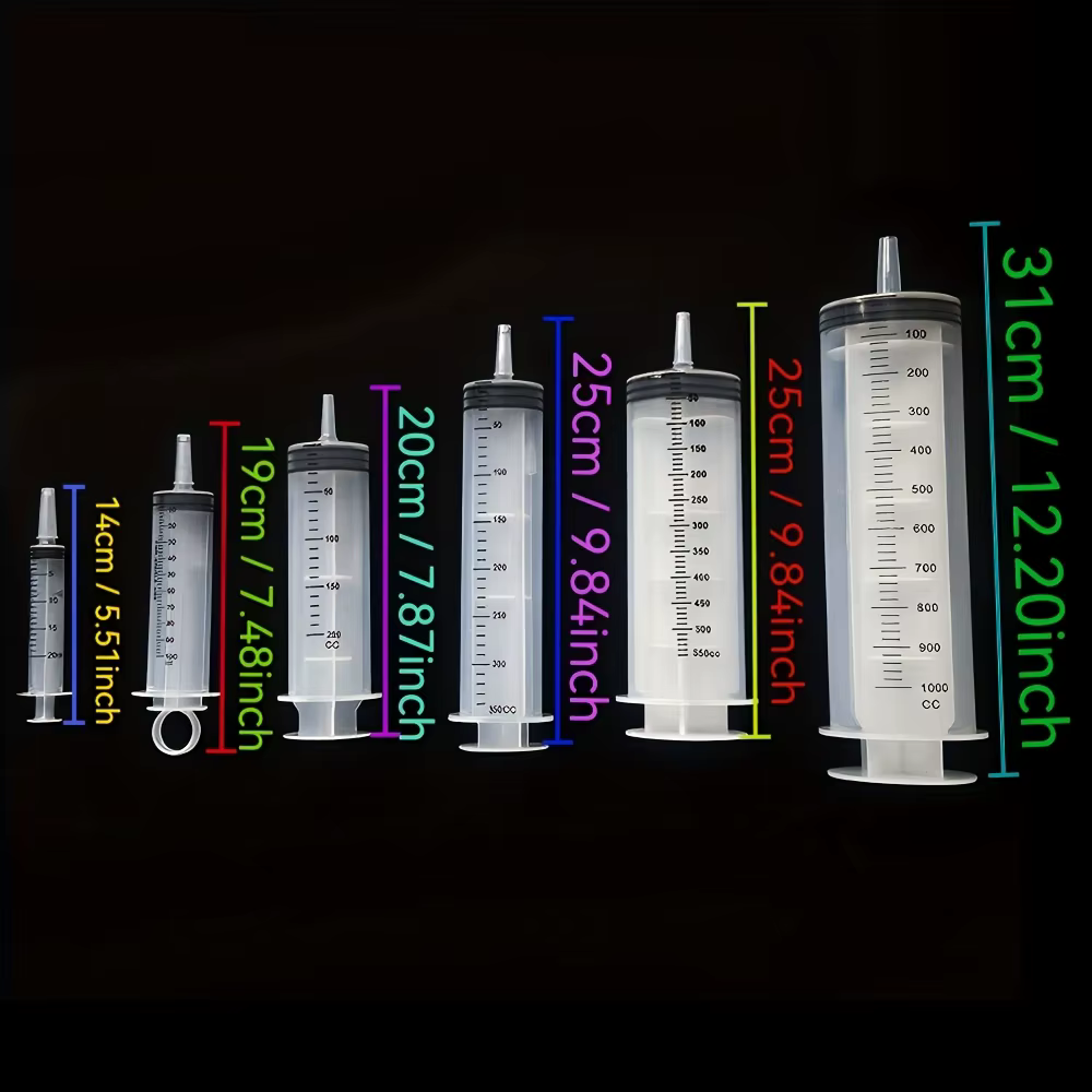Seringue en plastique, disponible en capacités de 1000 ml, 550 ml, 350 ml, 200 ml, 100 ml, 60 ml, 20 ml, 10 ml, adaptée au dosage en laboratoire, au distribution de colle, à l'arrosage et à l'utilisat