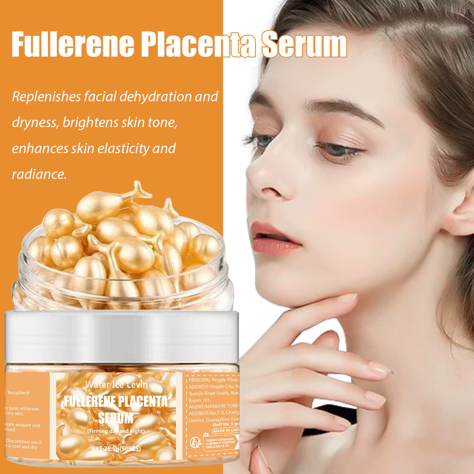 Sérum Placenta Fullerène. Avec élastine vitamine E glycérine. Rassodant Anti-rides Anti-âge. Formule d'utilisation jour et nuit. 50 pièces.
