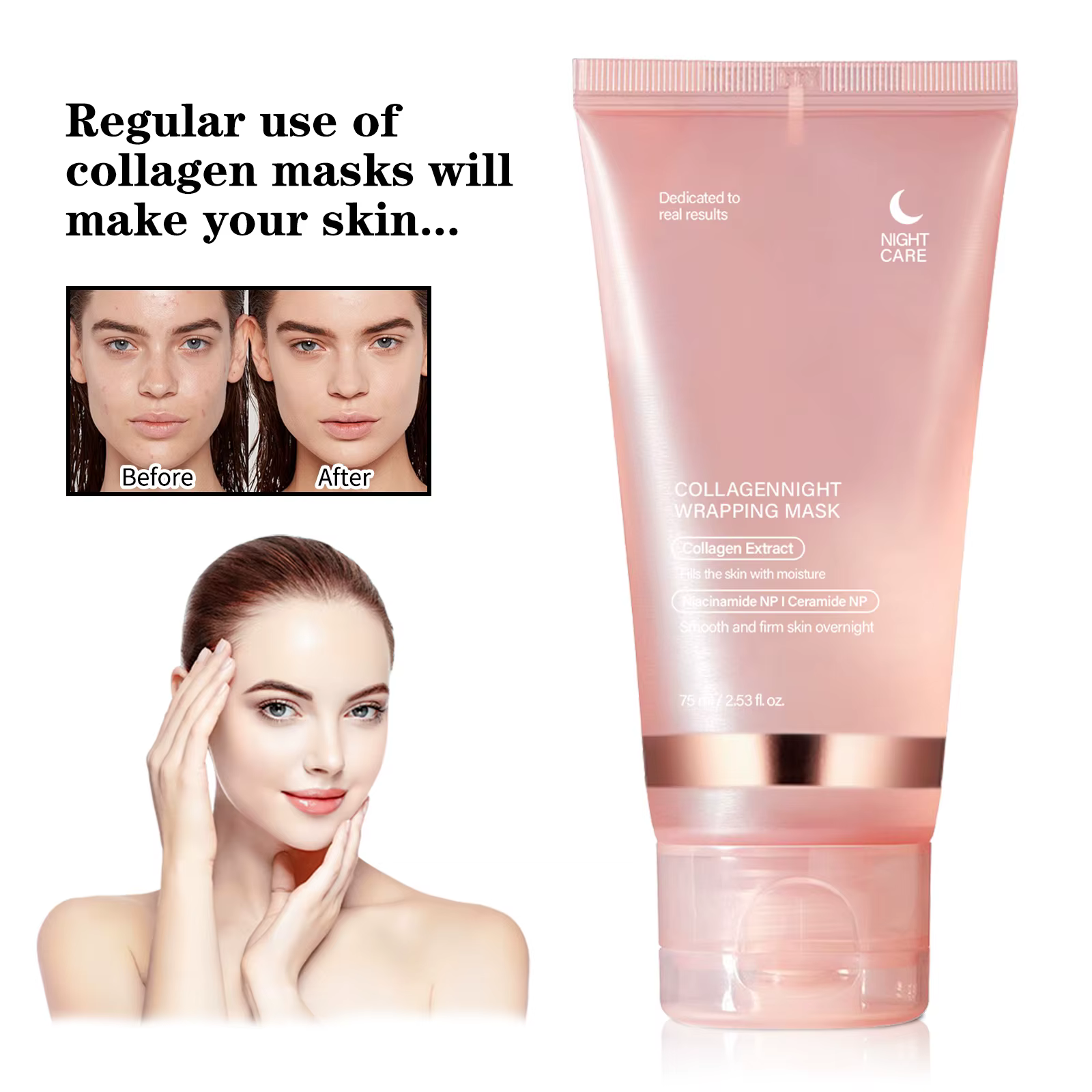 Masque raffermissant au collagène pour la nuit 75ml - Formule tenseur hydratante en profondeur pour une peau lisse