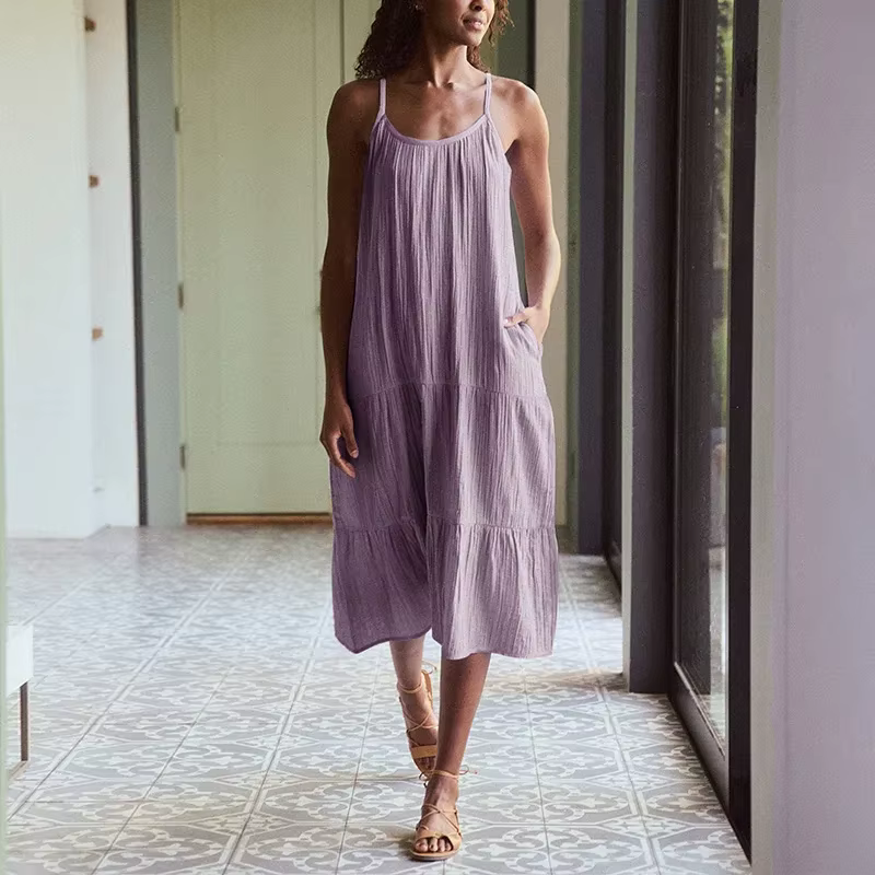Robe élégante et jolie en mousseline 100% coton pour femmes, robe sexy à col en V sans manches avec volants, robe chic pour les vacances à la plage