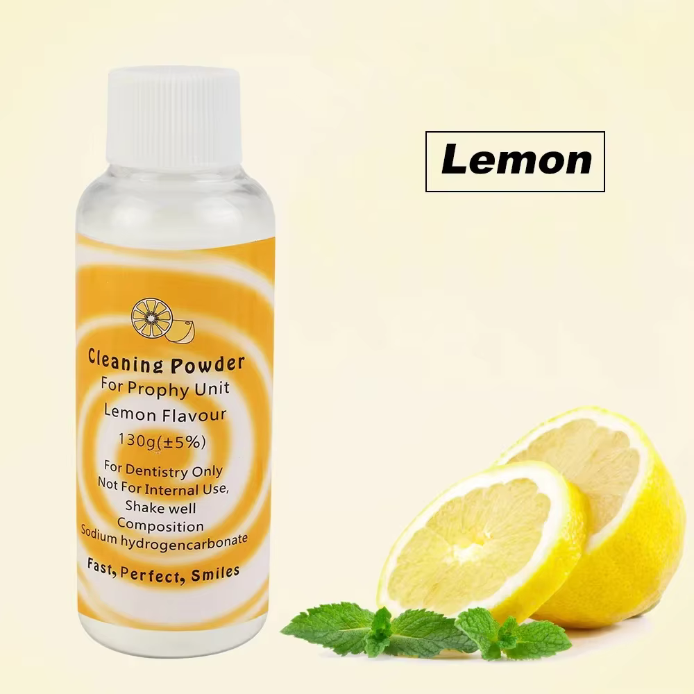 Poudre de polissage dentaire 130g Prophy Air Jet Flow pour le nettoyage des dents, l'élimination de la plaque et des taches, bicarbonate de sodium, menthe, citron, fraise