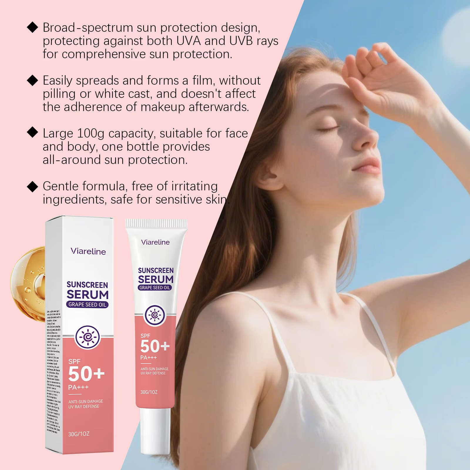 Sérum solaire SPF 50 à l'huile de pépins de raisin PA+++ Protection UV visage Anti-dommages solaires Sérum hydratant léger Essence écran solaire