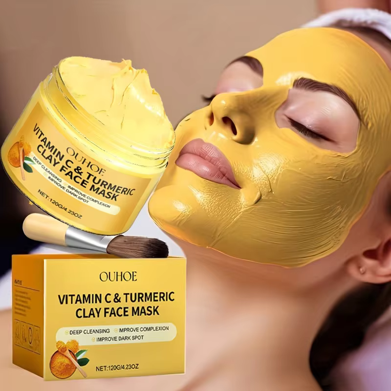 Masque facial à l'argile de curcuma et à la vitamine C, nettoyage en profondeur, améliore les taches brunes, hydrate la peau, raffermit la peau, unifie le teint