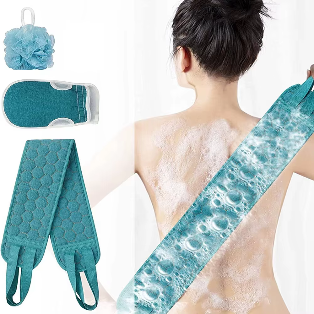 Ensemble de gommages exfoliants pour le corps avec gant de bain pour le dos et éponge loofah pour un nettoyage en profondeur et une hygiène optimale