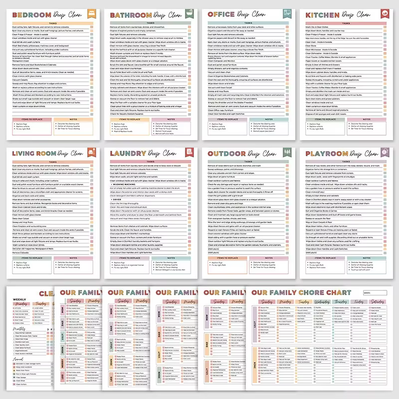 Kit de planification de nettoyage pour la maison - Comprend un calendrier de nettoyage domestique, un plan de nettoyage hebdomadaire/mensuel, des conseils de nettoyage toute l'année, et des outils de