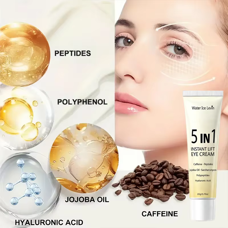 Crème pour les yeux à effet liftant instantané 5 en 1. Résultats en 2 minutes. Lisse les poches sous les yeux, raffermit, hydrate en profondeur. Peptides de caféine, acide hyaluronique. 20g.