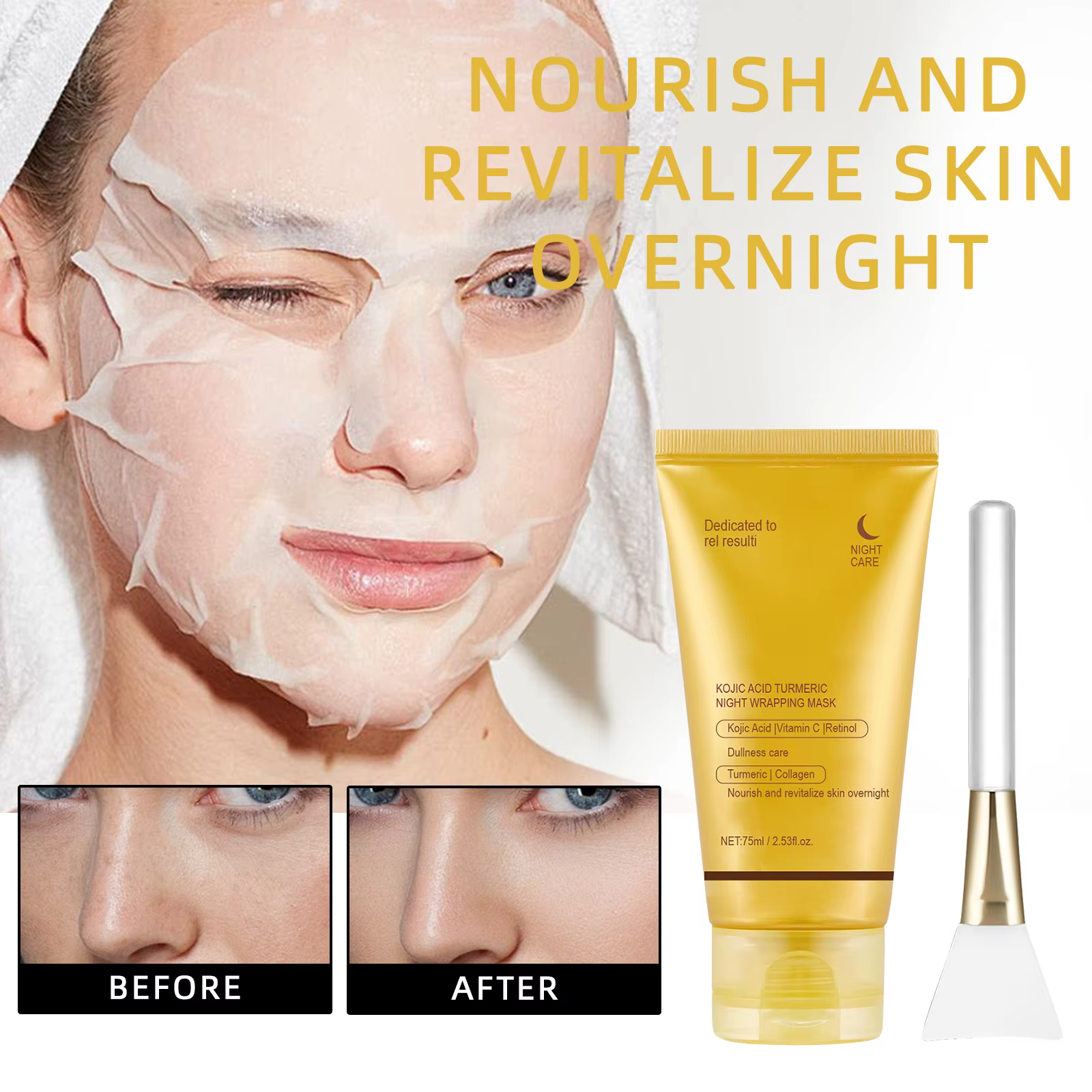 Masque Facial enveloppant de nuit au curcuma à l'acide kojique