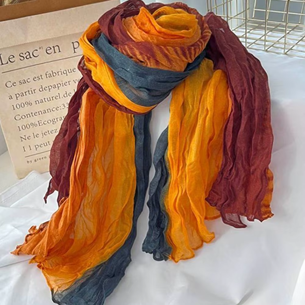 Foulard en lin de coton rétro automne hiver plissé soie longs châles musulman froissé Hijab foulard dégradé couleur froissé foulards