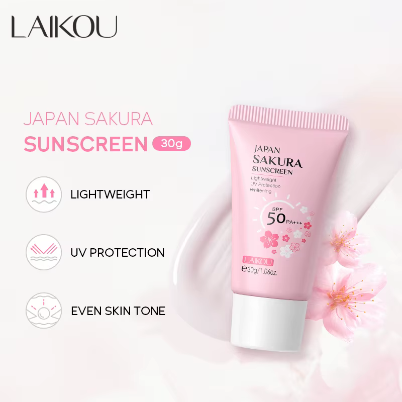 Crème solaire LAIKOU Sakura SPF50+ Protection UV Visage et Corps Rafraîchissante Imperméable Hydratante Correctrice 30g