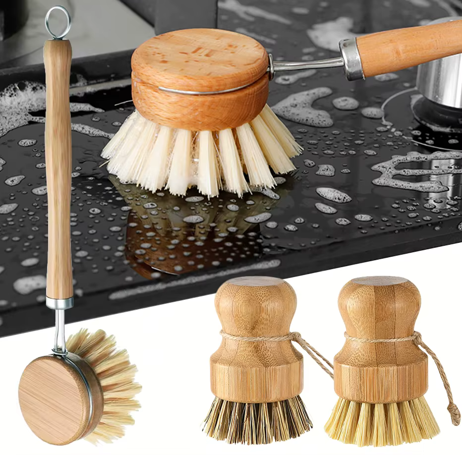 Brosse de nettoyage de cuisine en bambou, vaisselle naturelle, casseroles, poêles, évier, brosse de lavage, épurateur propre écologique avec plateau de rangement égouttoir
