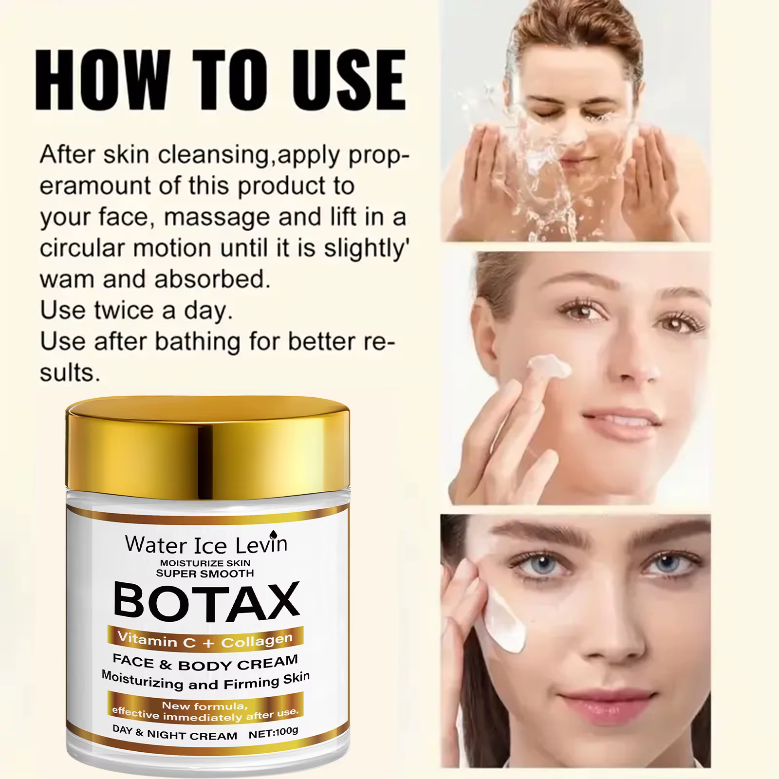 Crème Water Ice Levin BOTAX : Vitamine C + Hydratant visage et corps au collagène pour raffermir et peaux super lisses. Utilisation jour/nuit