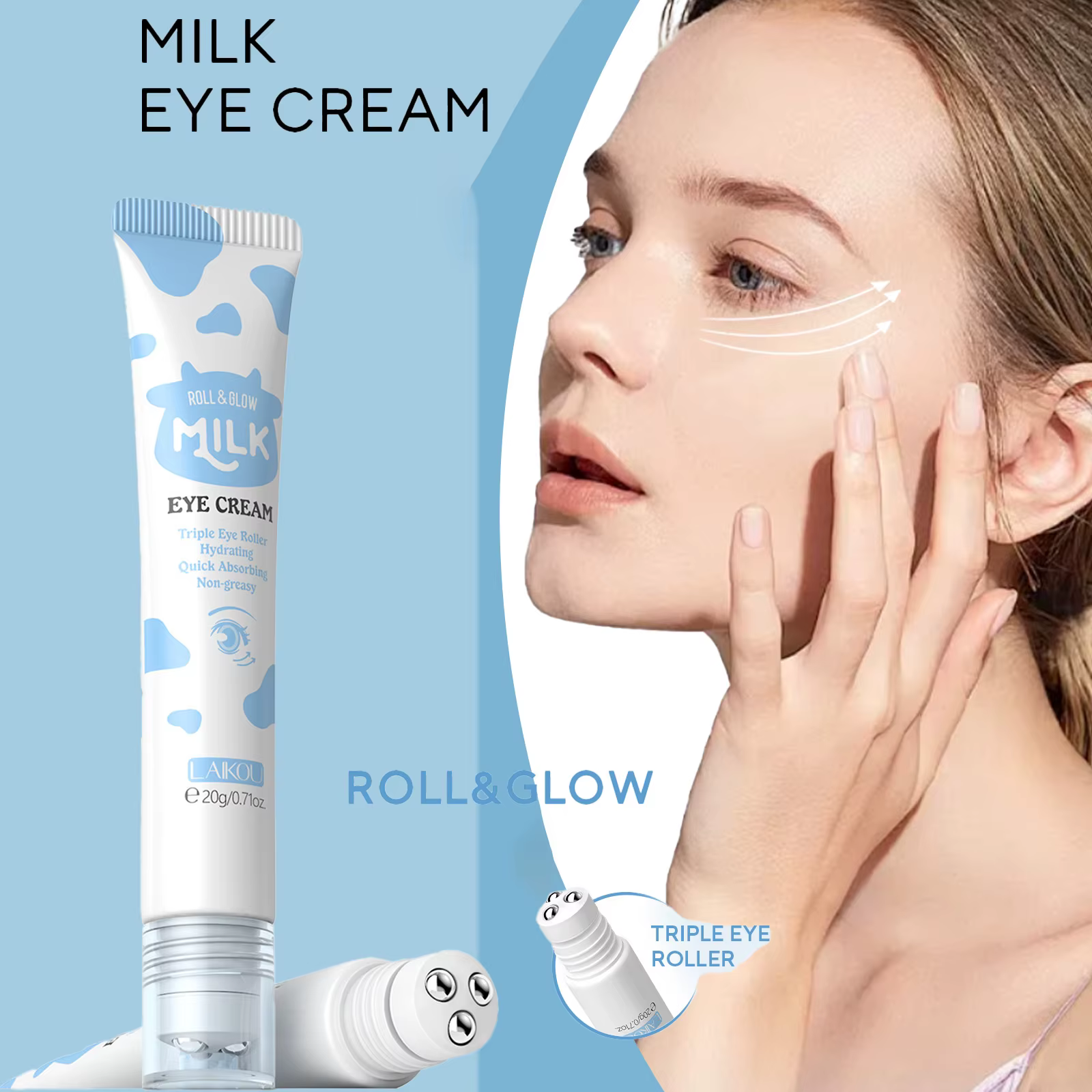 Crème Contour des Yeux LAIKOU au Lait Hydratante Éclaircissante Anti-Cernes Anti-Poches Atténue les Ridules Massage