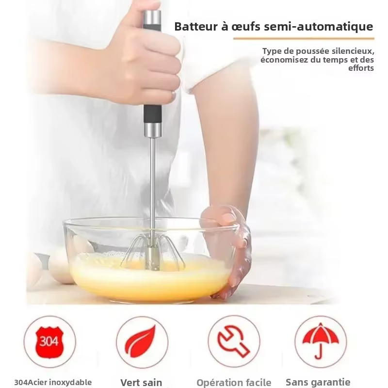 Batteur à œufs semi-automatique en caoutchouc, mélangeur de cuisine rotatif en acier inoxydable, fouet manuel, batteur à œufs, fouet manuel pour crème de lait