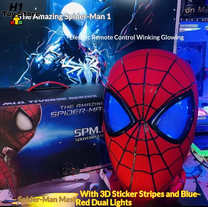 Masque lumineux Spider-Man à activation automatique avec yeux motorisés et contrôle par anneau, échelle 1:1, portable, objet de collection pour cosplay