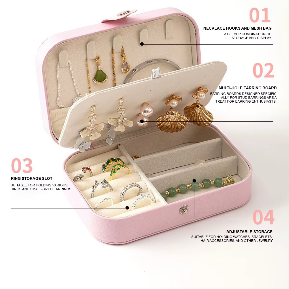 Boîte à bijoux Portable multi-compartiments avec doublure en velours, organisateur de bijoux rose adapté aux voyages pour accessoires