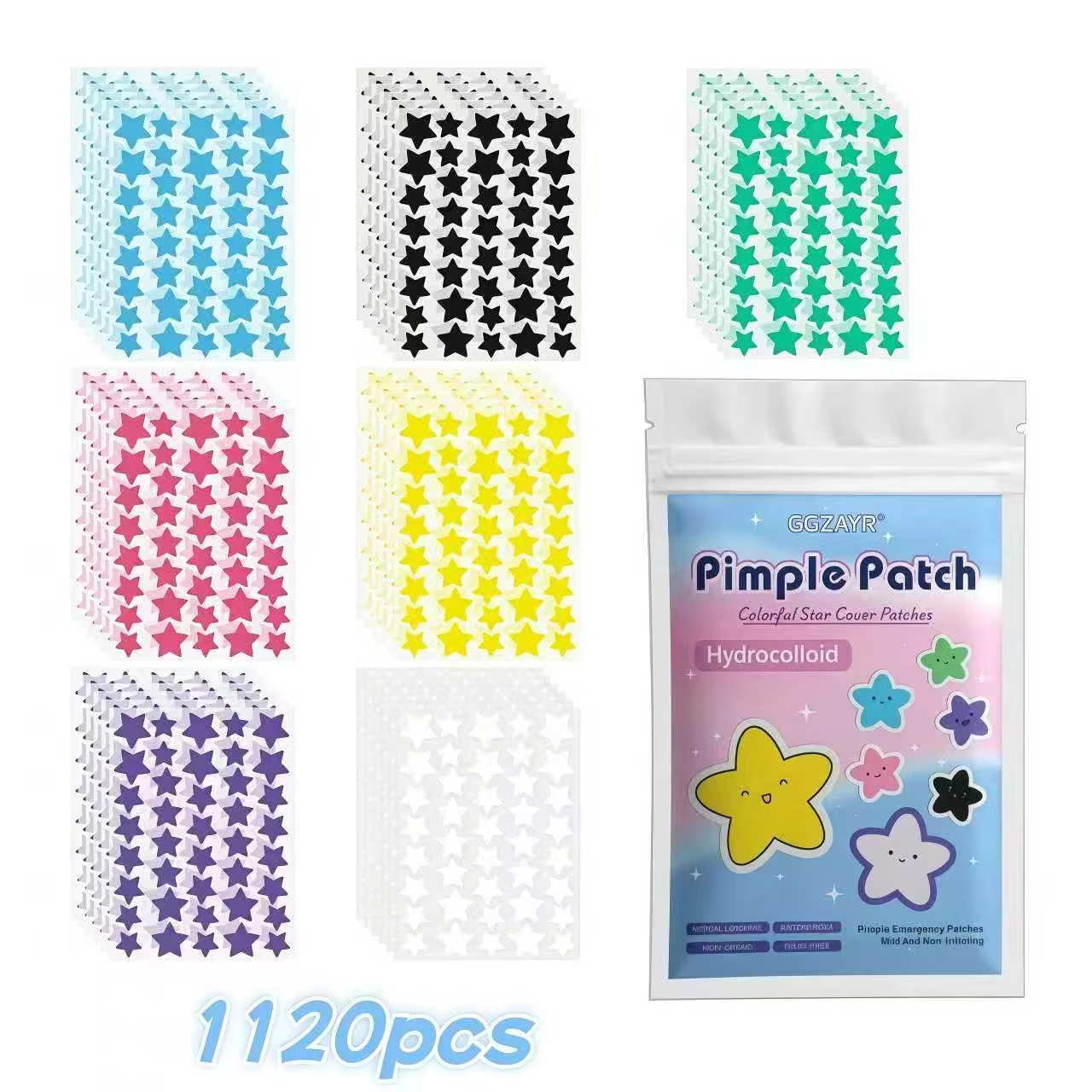280/1120/1680pcs Patchs de boutons étoiles sept couleurs – Points hydrocolloïdes invisibles pour un soin de la peau amusant et doux