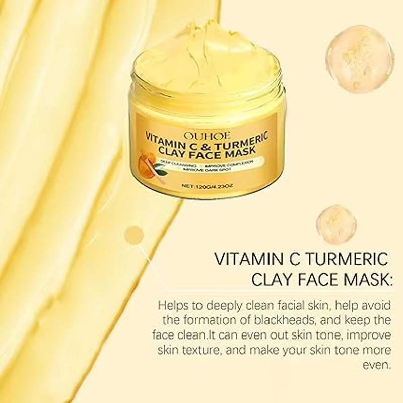 Masque facial à l'argile de curcuma et à la vitamine C, nettoyage en profondeur, améliore les taches brunes, hydrate la peau, raffermit la peau, unifie le teint