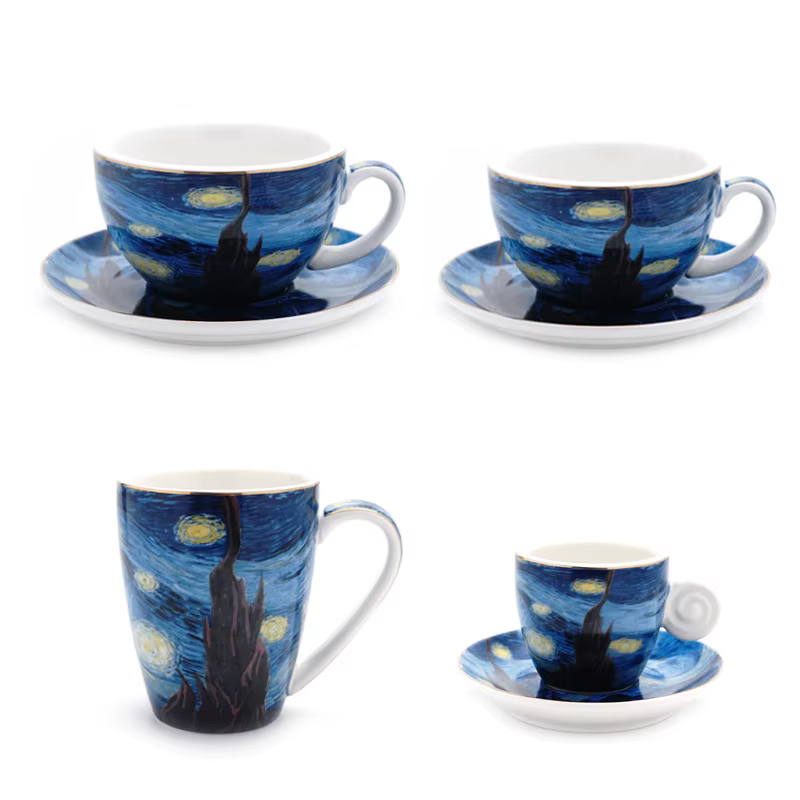 Van Gogh-Ensemble de tasses à café et d'assiettes en céramique de luxe, tasse à thé de dégustation de cappuccino, verre ESPRESbucDemitasse, peinture à l'huile