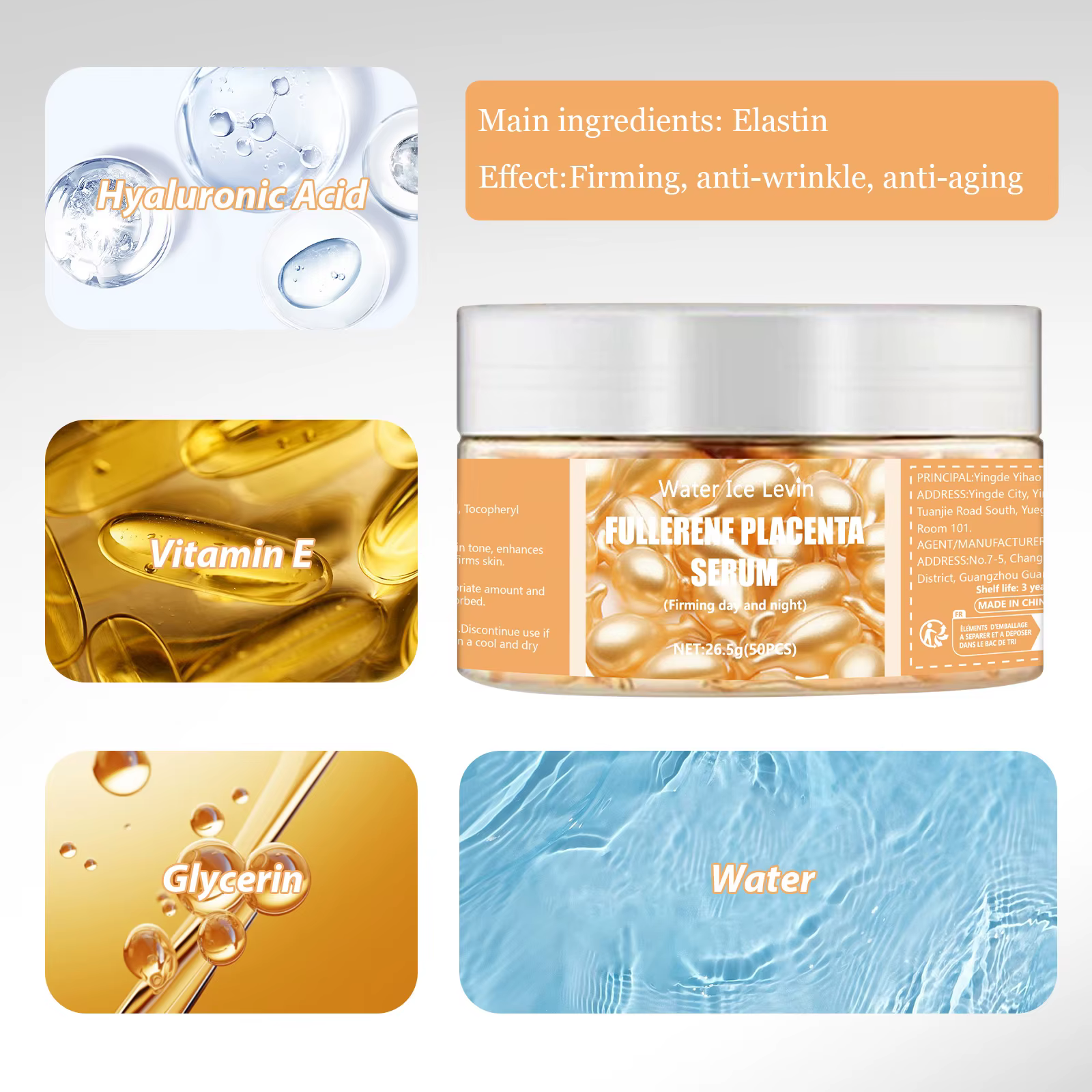 Sérum Placenta Fullerène. Avec élastine vitamine E glycérine. Rassodant Anti-rides Anti-âge. Formule d'utilisation jour et nuit. 50 pièces.
