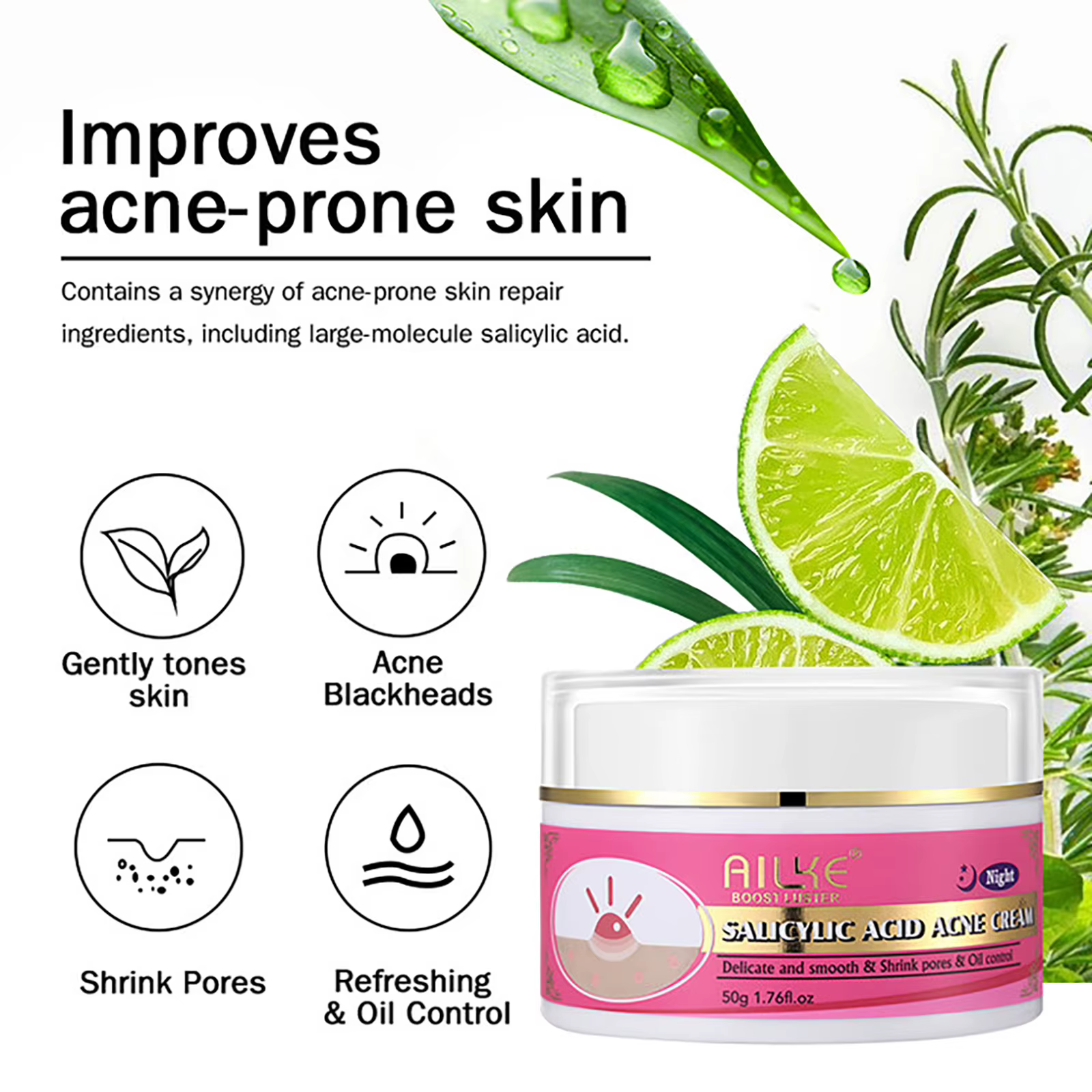 AILKE Crème anti-acné pour le visage, éclaircissante, nettoyante, réduit les points noirs, les taches brunes, pour tous les tons de peau, crème pour le visage, 50 ml