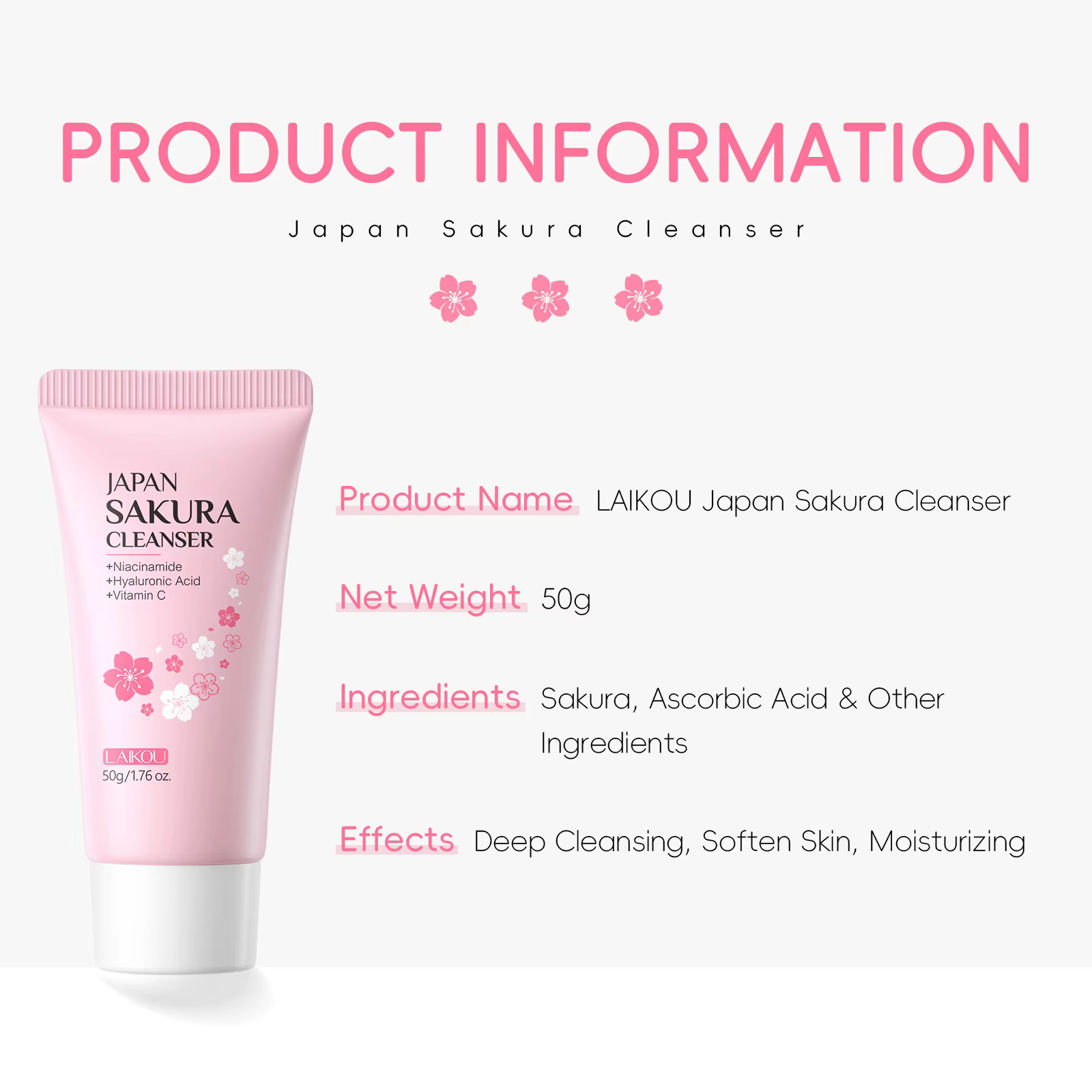 Laikou Sakura Nettoyant Visage Nettoyage en Profondeur des Pores Contrôle du Sébum Hydratant Éclaircissant Doux pour Tous Types de Peau 50g