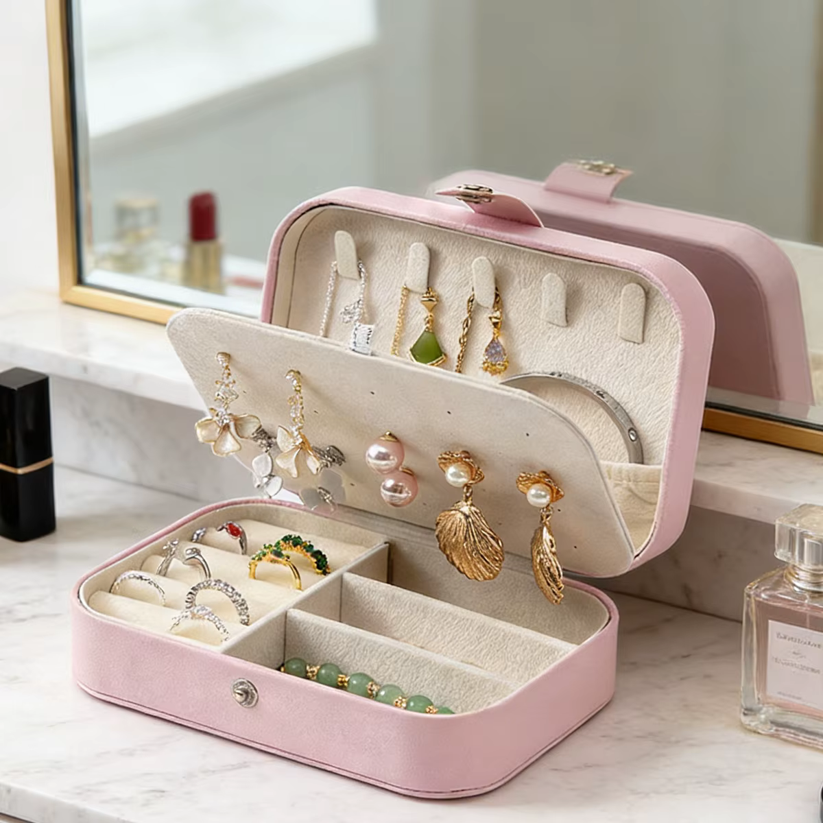 Boîte à bijoux Portable multi-compartiments avec doublure en velours, organisateur de bijoux rose adapté aux voyages pour accessoires