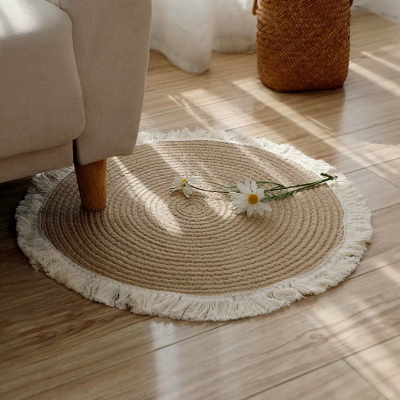 Tapis rond en rotin de jute tissé à la main avec pompon, tapis vintage pour chambre à coucher, salon, décoration d'intérieur, tapis de sol, chambre, porte, polymères