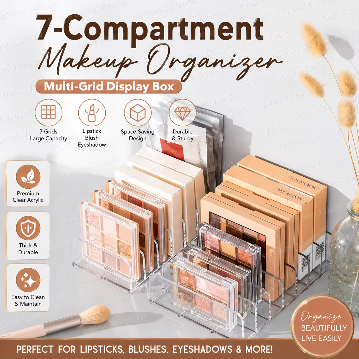 Boîte de rangement de maquillage, étagère de rangement transparente à 7 compartiments, affichage multi-cellules pour cosmétiques, fard à joues, fard à paupières, gain de place, Durable