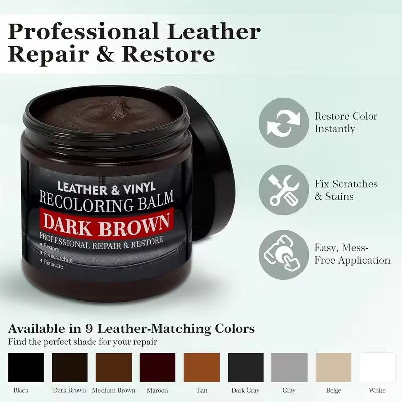 Baume de recoloration du cuir, crème réparatrice pour cuir brun foncé pour meubles, canapés, chaussures, sacs et sièges de voiture, restaure le cuir décoloré et les surfaces rayées