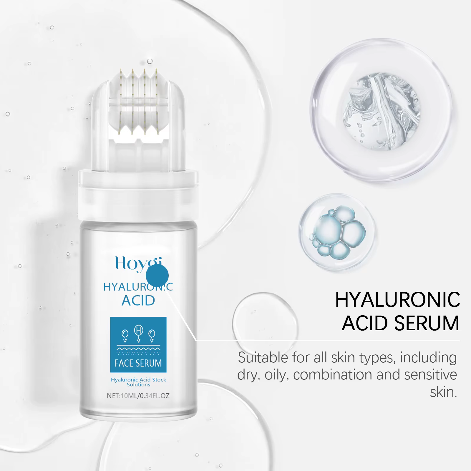 Sérum Visage à l'Acide Hyaluronique 10ML avec Applicateur à Billes – Hydratation Profonde