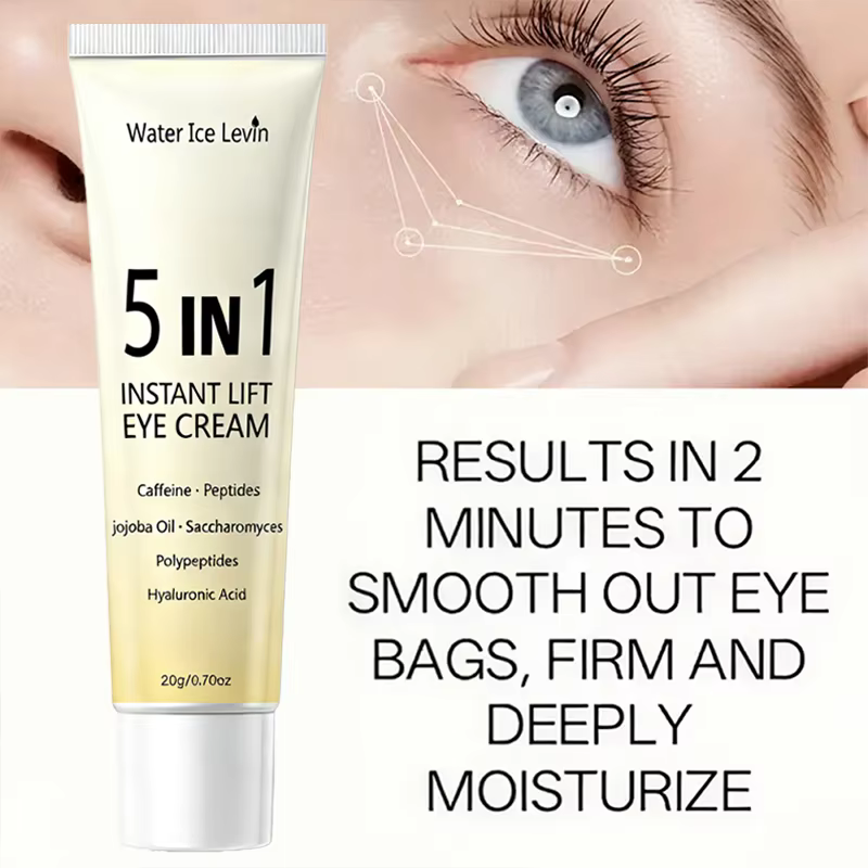 Crème pour les yeux à effet liftant instantané 5 en 1. Résultats en 2 minutes. Lisse les poches sous les yeux, raffermit, hydrate en profondeur. Peptides de caféine, acide hyaluronique. 20g.