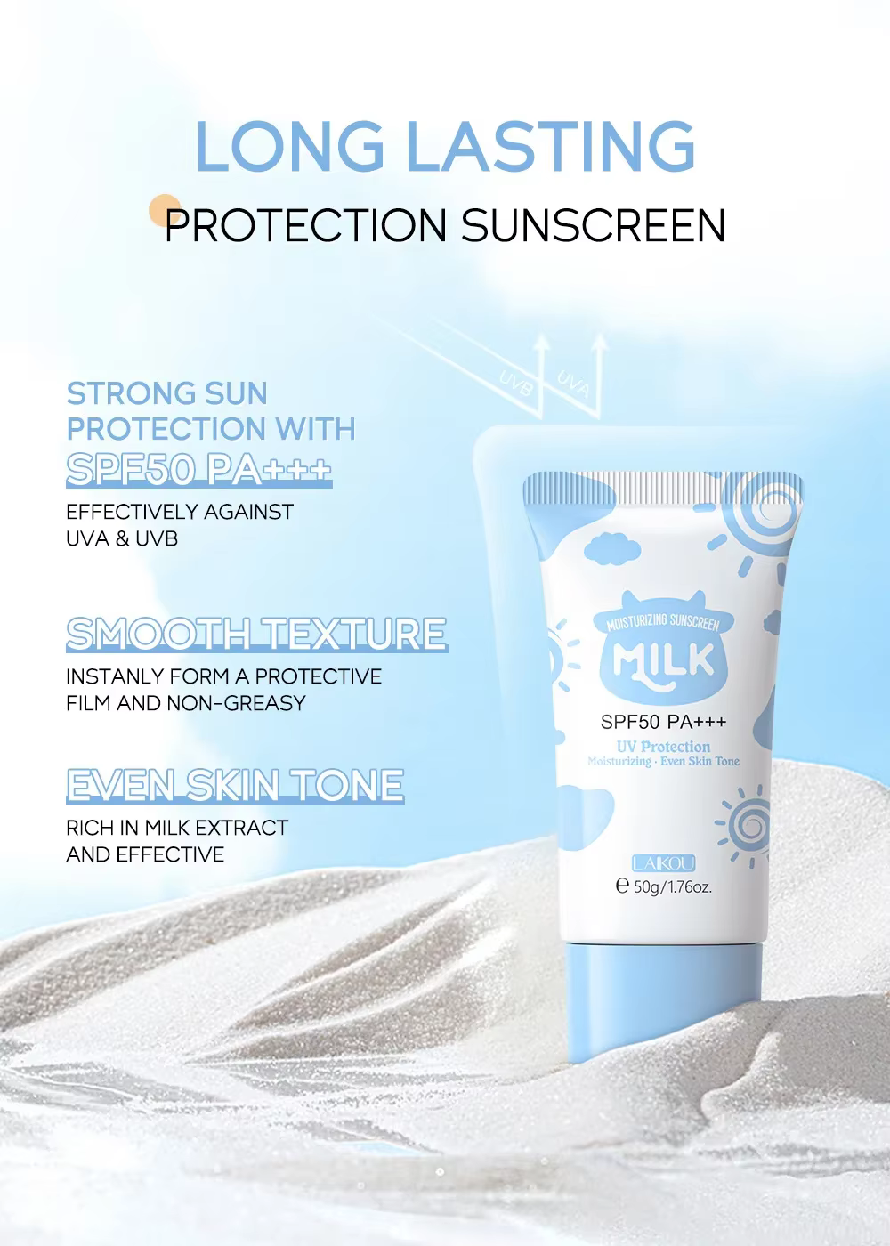 LAIKOU Crème solaire au lait SPF50 PA+++ 50g Protection UV Hydratante Unifie le teint Lotion