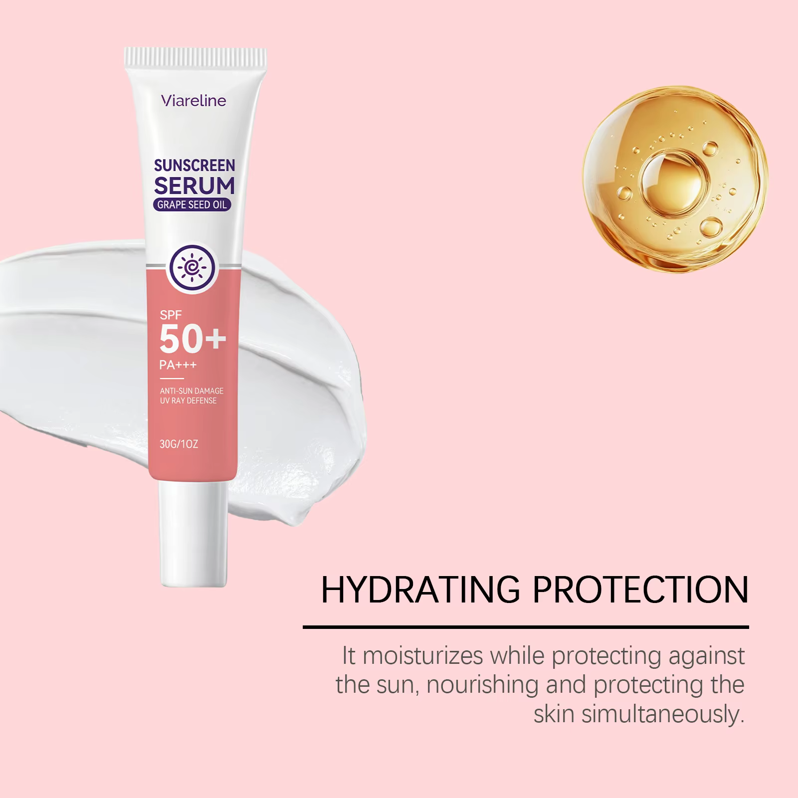Sérum solaire SPF 50 à l'huile de pépins de raisin PA+++ Protection UV visage Anti-dommages solaires Sérum hydratant léger Essence écran solaire